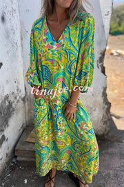 Unique Print V Neck Loose Pocket Holiday Maxi Dress