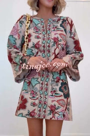 Autumn Garden Printed V-neck Long Bell Sleeve Top and Mid Rise Skirt Set