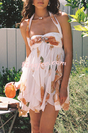 Arabella Floral Print Starfish Brooch Inverted Halter Neck Slit Ruffles Mini Dress