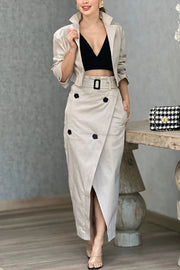 Work Style Lapel Long Sleeve Jacket and Button Belt Pocketed Slit Midi Skirt Set