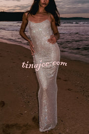 Midnight Fantasy Sequin Mesh Shoulder Strap Open Back Stretch Maxi Dress