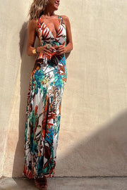 Rainforest Paradise Tropical Print Cutout Back Crossover Stretch Maxi Dress