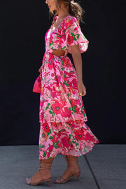 It's All Special Floral Cutout Waist Tiered Midi Dress