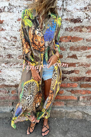 Jungle Miracle Animal Unique Print Button Long Sleeve Midi Relaxed Blouse