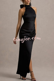 Maureen Satin High Neck Ruched Ruffle Slit Draped Maxi Dress
