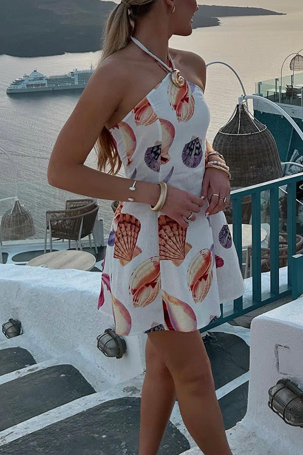 Seaside Bouquet Linen Blend Shells Unique Print Halter Mini Dress