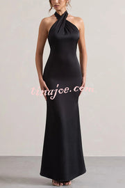 Solid Color Halter Neck Tie Sexy Backless Slim Maxi Dress