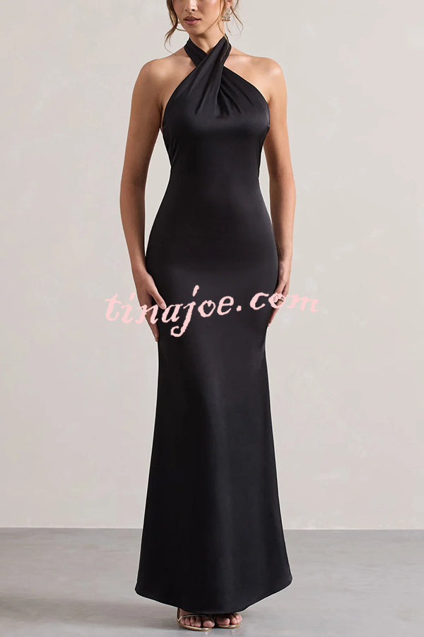Solid Color Halter Neck Tie Sexy Backless Slim Maxi Dress