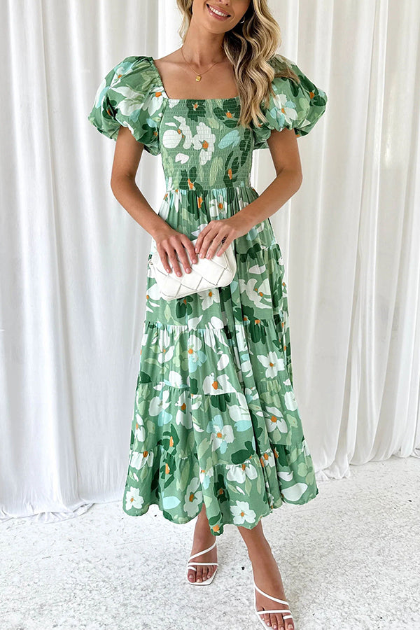 Petal Princess Unique Print Smocked Waist Puff Sleeve Midi Dress