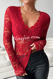 Solid Color Lace V-neck Long-sleeved Slim-fit Top