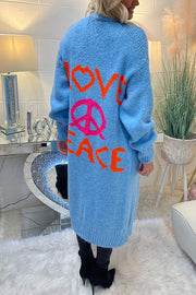 Neon Love Peace Chunky Knit Pocket Straight Midi Cardigan