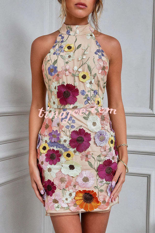 Wish Upon A Dream Floral Applique Halter Mini Dress