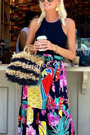 Tropical Flowers and Birds Print Loose Holiday Maxi Skirt