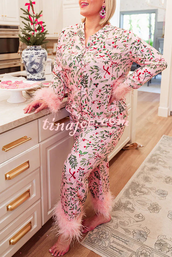 Iconic Holiday Printed Feather Trim Elastic Waist Pocketed Pajama Set