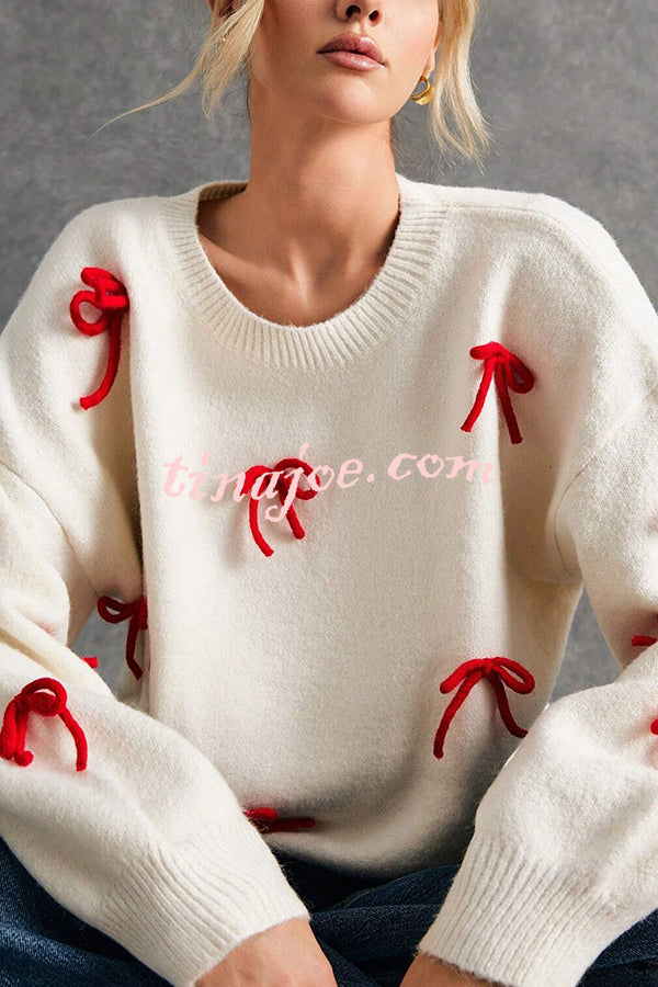 Christmas Bow Round Neck Loose Long Sleeve Knitted Sweater