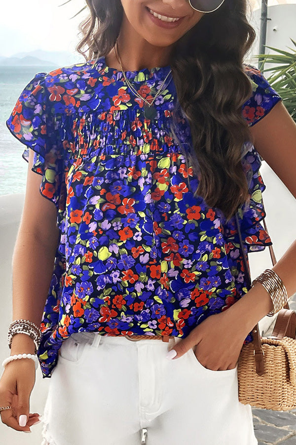 Floral Print Pleated Crew Neck Pullover Top