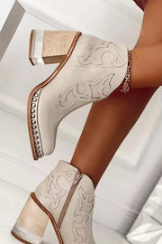 Stylish Embroidered Rivet Welt Acrylic Crystal High Heel Boots