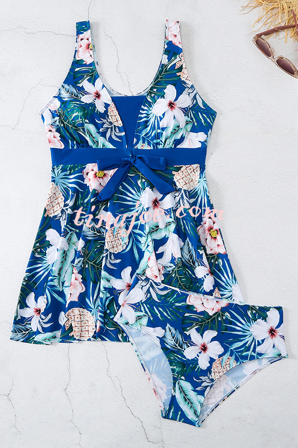 Cheerful Floral Print Bow Detail Tankini Swimsuit Set