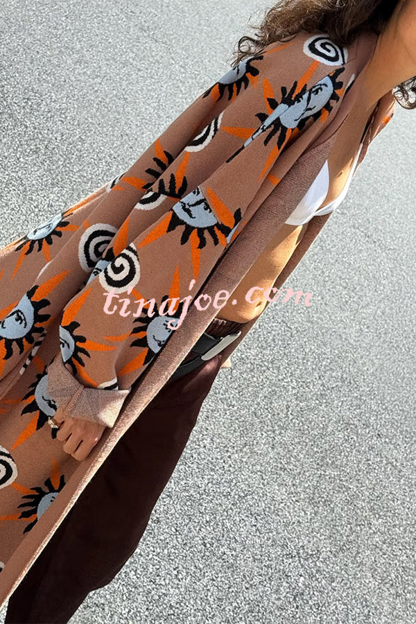 Mediterranean Art Knit Unique Sun Vortex Print Bell Sleeve Long Cardigan