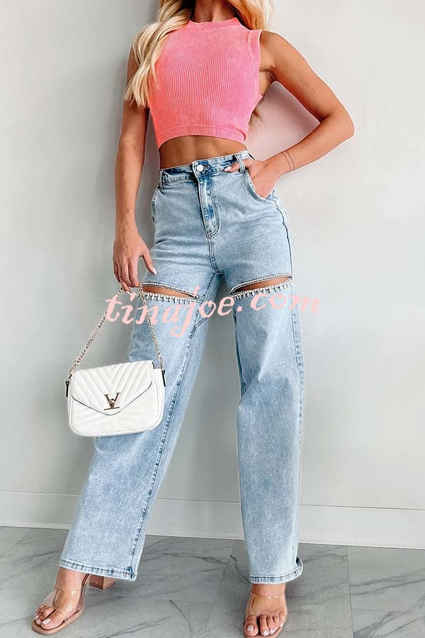 Blowing Your Mind Slit-Front Wide Leg Pocket Rhinestone Jeans