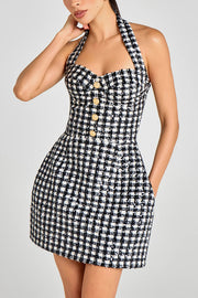 Mila Check Bouclé-tweed Fabric Halter Sweetheart Neck Gold Button Pocketed Mini Dress