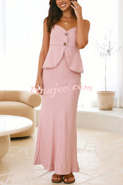 Solid Color Halter Button-Down Top and Elegant Fitted Maxi Skirt Set