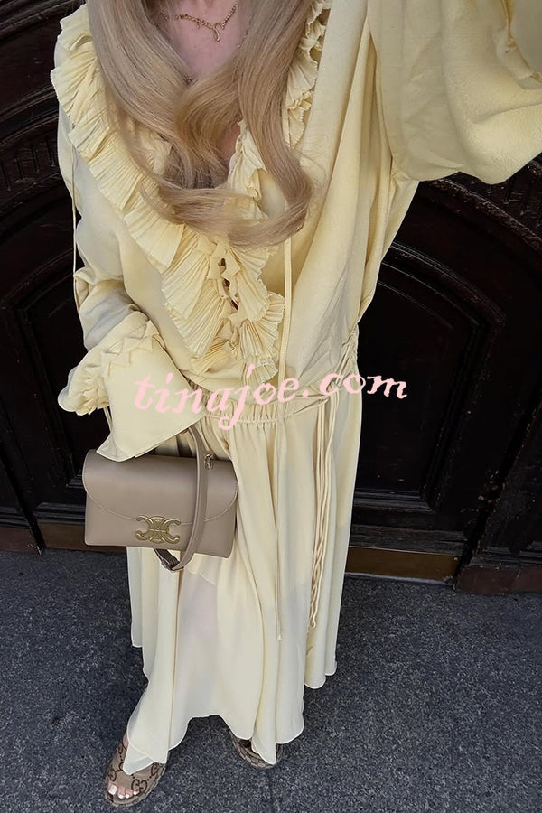 Solid Color Pleated Ruffled Tie Long Sleeve Loose Shirt