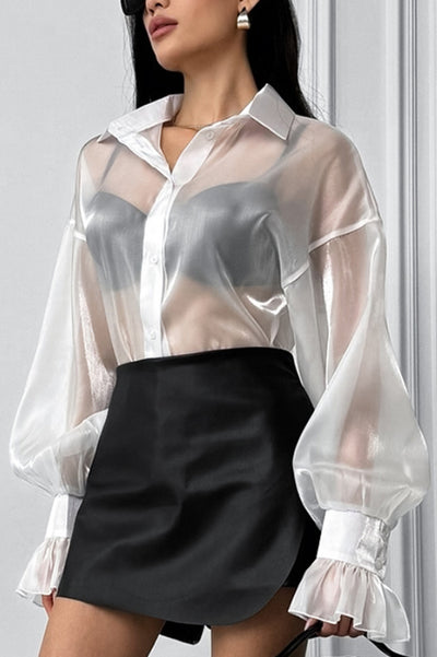 Fashion Lapel Long Sleeve Ruffled See-through Casual Shirt