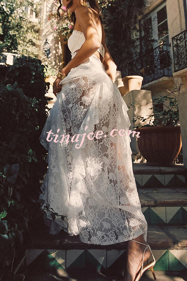 A Girls' Trip Lace High Neck Cutout Drop Waist Ruffles Maxi Dress