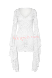 Coachella Time Unique Lace Pattern Oversized Bell Sleeve Stretch Mini Dress