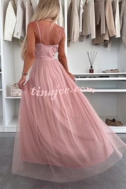 Solid Color Tulle Halter Back High Slit Maxi Dress