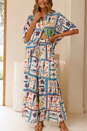 Unique Print Lapel Short Sleeve Loose Shirt and Elastic Waist Casual Pocket Wide Leg Pants Set
