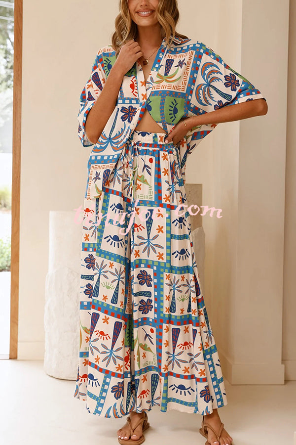 Unique Print Lapel Short Sleeve Loose Shirt and Elastic Waist Casual Pocket Wide Leg Pants Set
