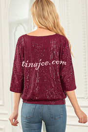 Solid Color Sequined Loose Round Neck Casual Top