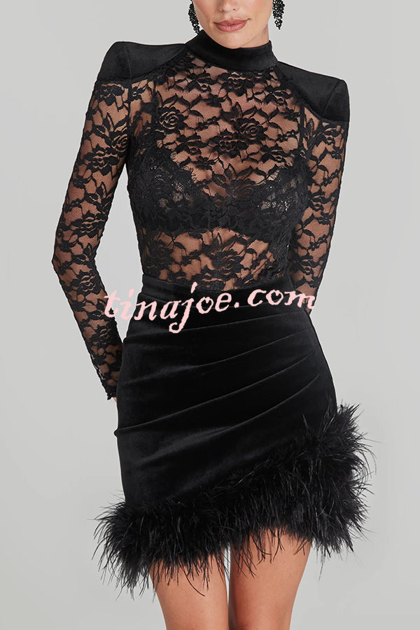 Freya Floral Lace Velvet Patchwork Feather Trim Ruched Stretch Mini Dress