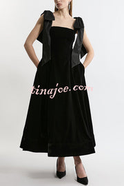 Romantic Type Velvet Bandeau Taffeta Bow Strap Pocketed Prom Maxi Dress