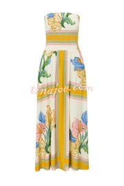Linen Blend Unique Print Off-The-Shoulder Pleated Resort Maxi Dress