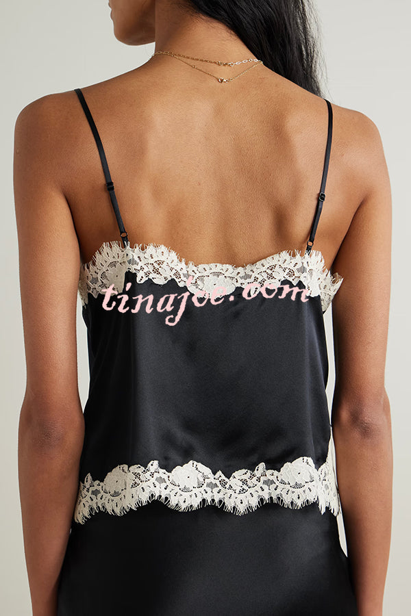 Celebration Look Contrast Color Satin Lace Trim V-Neck Slip Tank