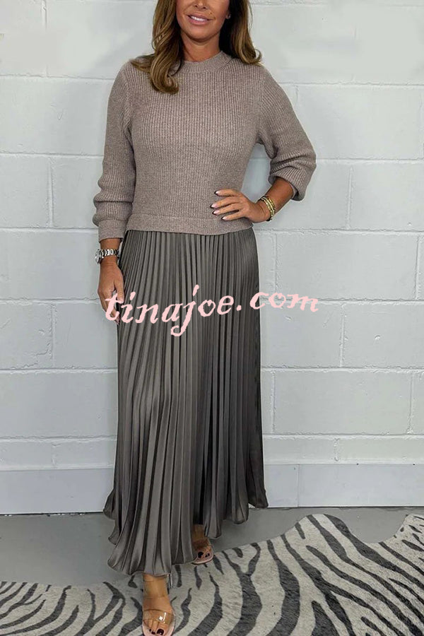 Stylish Knitted Round Neck Long Sleeve Patchwork Pleated Hem Maxi Dress