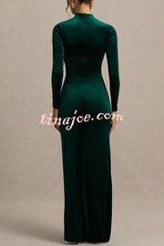 Wishes Velvet High Neck Long Sleeve Ruched Waist Wrap Slit Stretch Maxi Dress