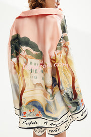 Unique Print Lapel Long Sleeve Loose Shirt and Elastic Waist Casual Pocket Shorts Set
