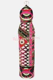 Jiya Unique Print Chain Detail Halter Backless Maxi Dress