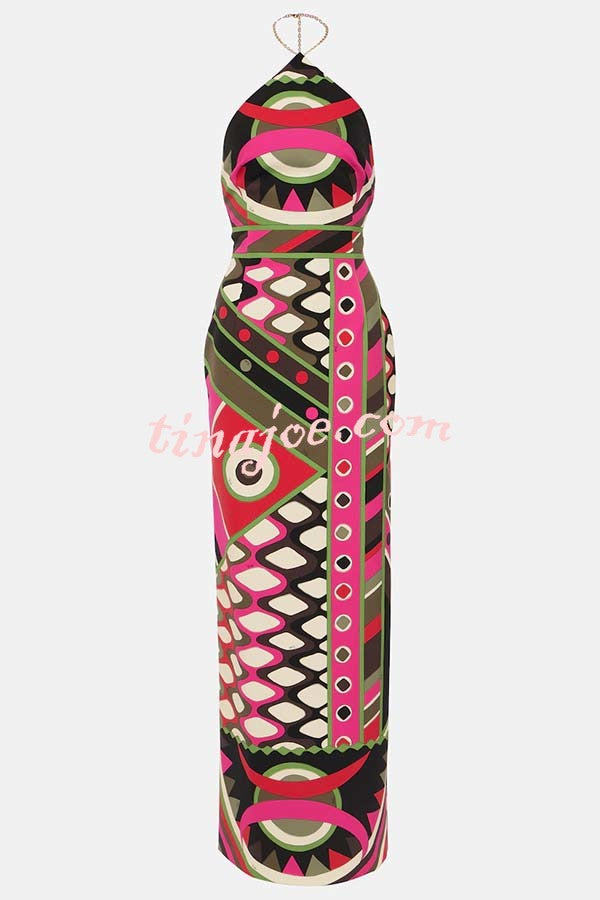 Jiya Unique Print Chain Detail Halter Backless Maxi Dress
