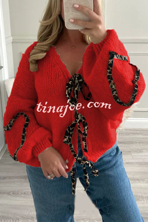 Fashionable Loose Long-sleeved Leopard Print Lace-up Knitted Sweater Cardigan