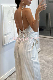Moriah Striped Thin Strap Halter Neck Scarf Top and Pocketed Wide Leg Pants Set