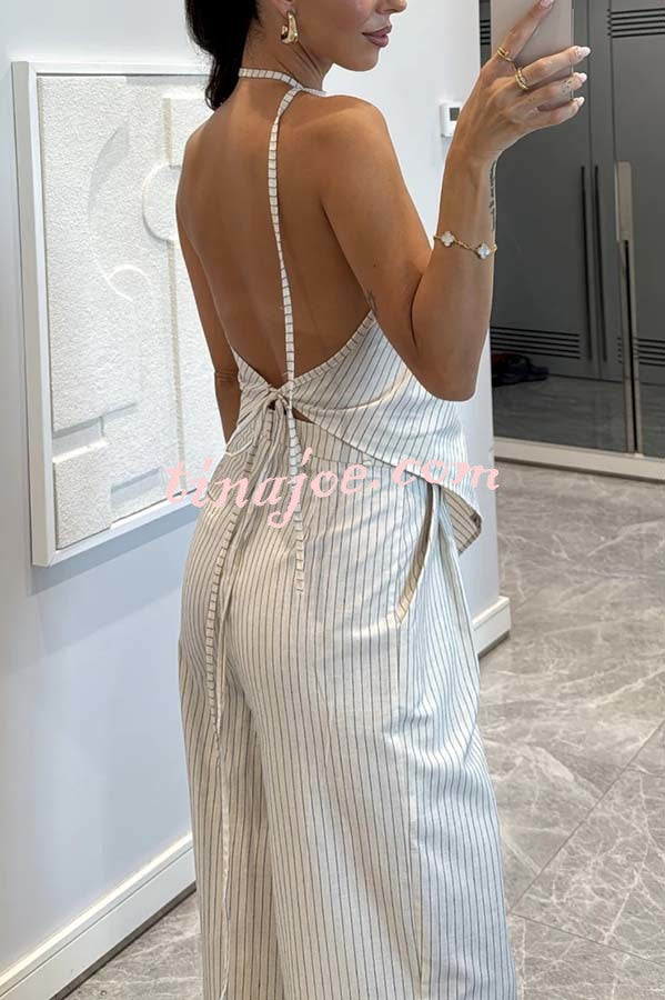 Moriah Striped Thin Strap Halter Neck Scarf Top and Pocketed Wide Leg Pants Set