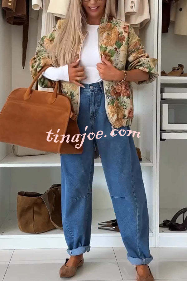 Floral Print Loose Long-sleeved Zip-up Jacket
