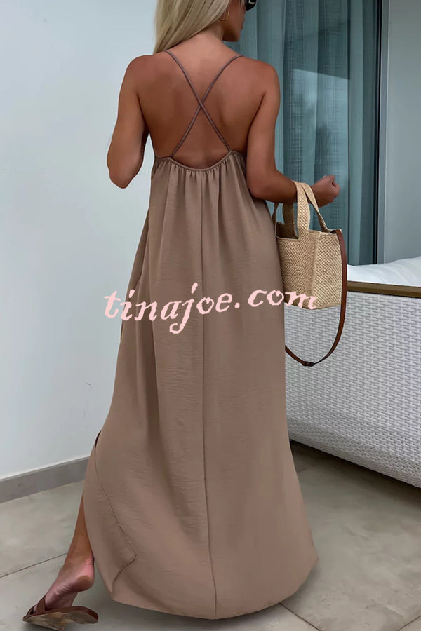 Solid Color Resort Style Spaghetti Strap Backless Maxi Dress