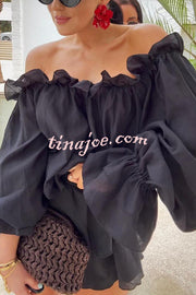 Arnell Linen Blend Off Shoulder Balloon Sleeve Shirt and Elastic Waist Layered Shorts Set