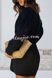 Solid Color Hollow Long Sleeve Loose Waist Tie Knitted Cardigan